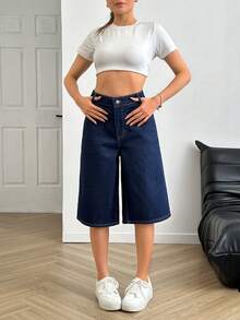 SHEIN Low Waist Dark Blue Raw Wash Casual Style Button Front Patch Detailed Denim Short - Dark Wash - View 3