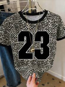 Resyla Women's Leopard Print Numeral Graphic Round Neck Short Sleeve T-Shirt - Multicolor - View 3