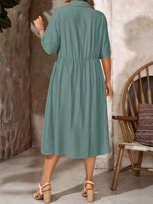 EMERY ROSE Plus Size Floral Print Button Front Casual Vacation Dress - Fresh Green - View 2
