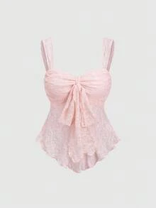 Sweetra Petite Áo tank top ngắn tay màu hồng nhạt ngọt ngào, thắt nơ ren, dáng bất đối xứng, tôn dáng, thích hợp cho kỳ nghỉ xuân/hè, dành cho phụ nữ nhỏ nhắn. - Hồng - Xem 1