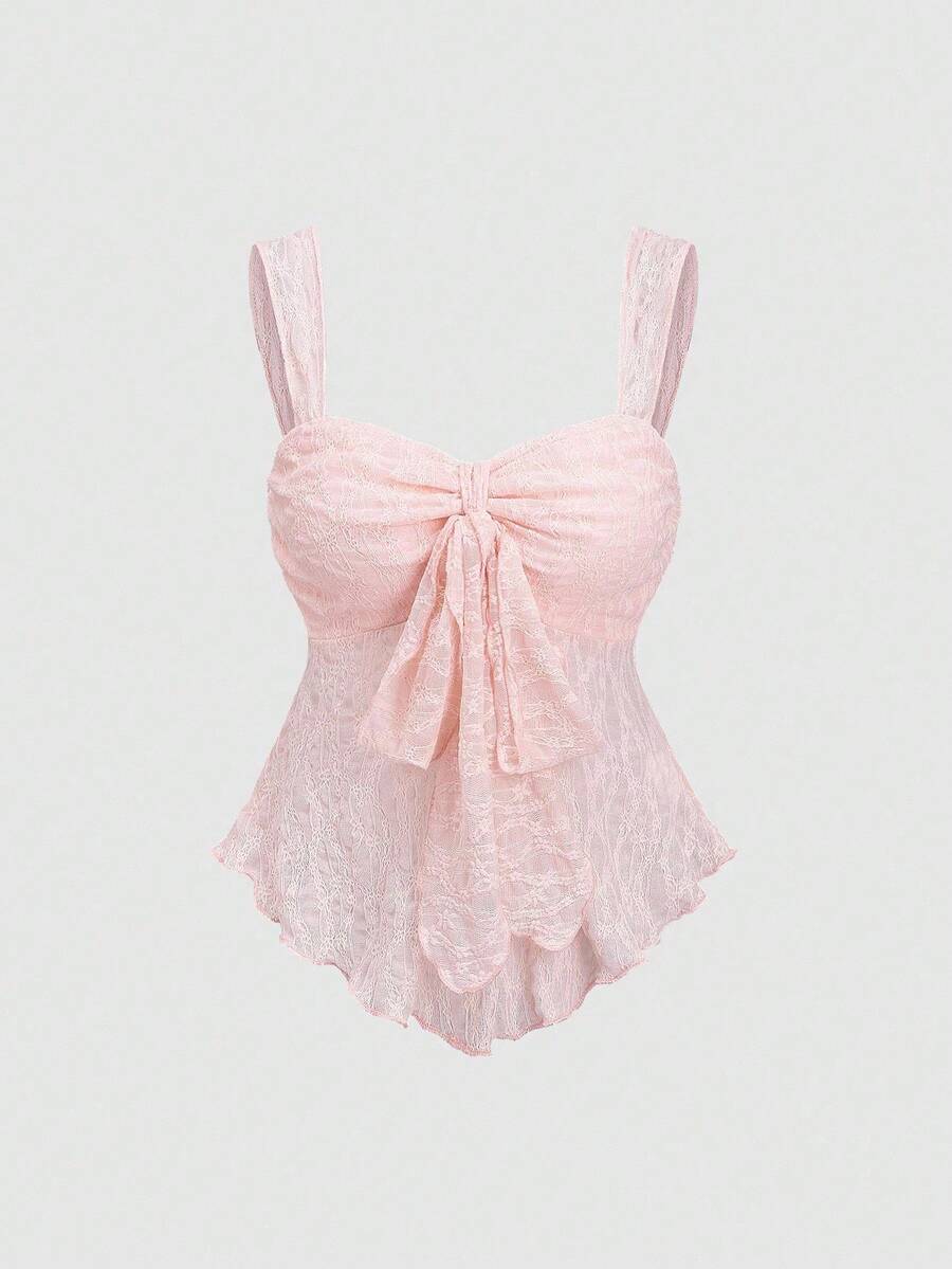 Sweetra Petite Áo tank top ngắn tay màu hồng nhạt ngọt ngào, thắt nơ ren, dáng bất đối xứng, tôn dáng, thích hợp cho kỳ nghỉ xuân/hè, dành cho phụ nữ nhỏ nhắn. - Hồng - Xem 1