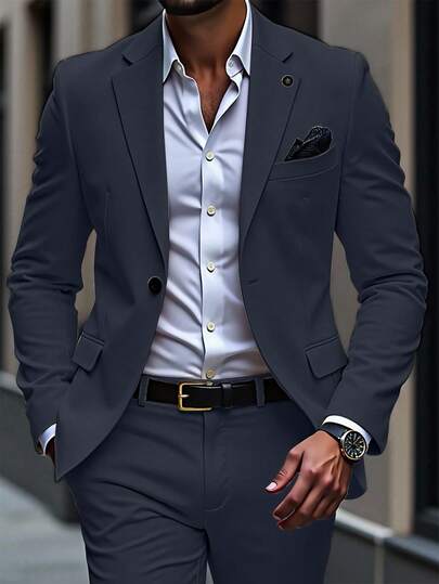 Manfinity Mode Men's Casual Business Simple Notched Lapel Suit Jacket And Suit Pants Set Casual Suits For Men Suits For Men Men Formal Outfit Suits For Men's Men Formal Wear