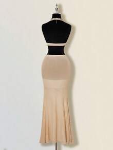 SHEIN ICON Women's Apricot Deep V Rhinestone Sheer Backless Maxi Mermaid Dress, Sexy For Party And Events,Summer Dresses For Women - Nude - View 7
