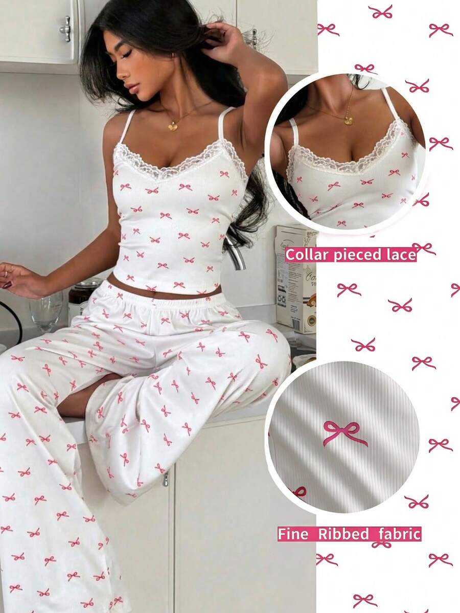 SHEIN Women's Sleepwear Set, Pink Bow Print, Lace Trim V-Neck Camisole And Long Pants - White - View 1