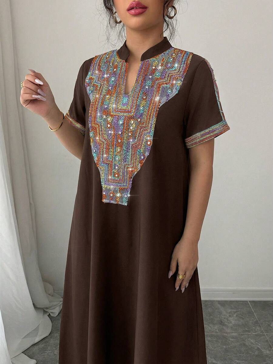 Rafferiza Contrast Color Embroidery Stand Collar Rhinestone Decor Loose Women Long Dress - Brown - View 1