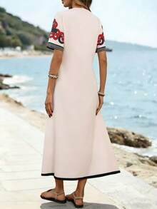 Breezaya 女士碎花V领短袖口袋休闲连衣裙 - 彩色 - 查看 3