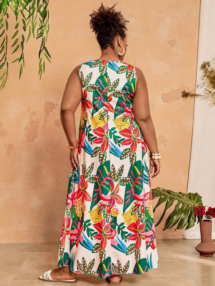 Plus Size Round Neck Sleeveless Summer Tropical Print Dress,Country Casual Vacation Outfits Woman,Simple And Fashionable For Everyday Wear,Summer Tops Women,Vacation Outfits Woman Summer Outfits For Women Office Wear, Vacation Outfits Woman, Summer Outfits For Women Festival Boho,Holiday Outfit
