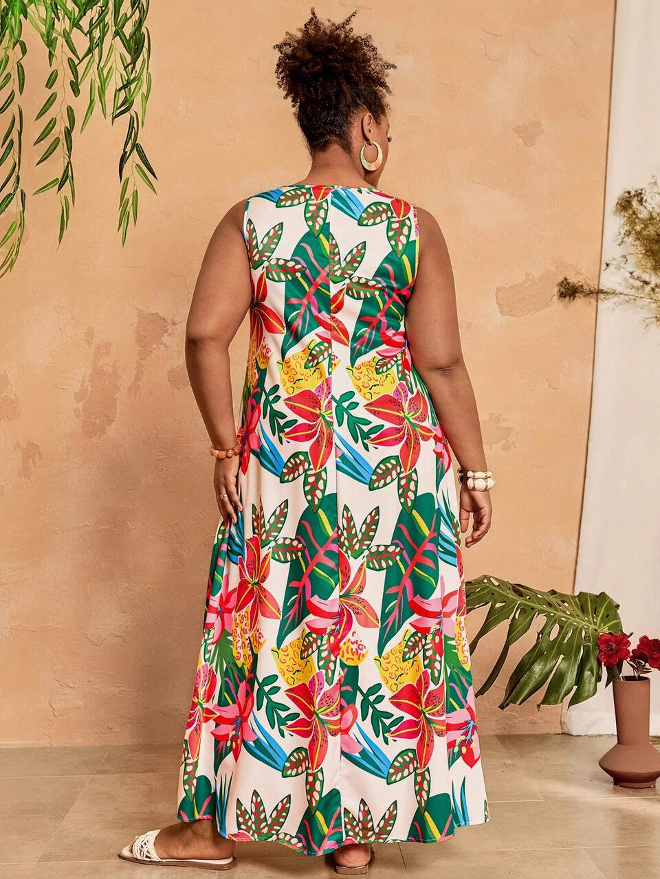 Plus Size White Round Neck Sleeveless Tropical Print Dress,Summer Boho Vacation Holiday Outfit,Country Casual Fashionable Festival Outfits For Women