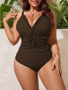 Swim Vcay Plus Size One-Piece Swimsuit, Coffee Color, Floral Trim, Drawstring Waist, Ruched, Slimming, Casual Resort Style, Suitable For Pool Party - Brown - View 6
