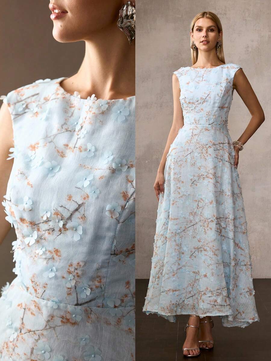 MOTF Soiréza VESTIDO FORMAL ELEGANTE AZUL PARA MUJER CON CUELLO REDONDO, TEXTURA TEJIDA, SIN MANGAS Y REFRESCANTE, VESTIDO DE NOCHE DE ALTA GAMA