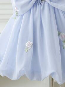SHEIN Baby Girls' Light Blue Floral Summer Elegant Wedding Guest Ruffle Strap Puff A-Line Dress 3D Bow Back Lantern Skirt For Gathering & Celebrations - Blue - View 7