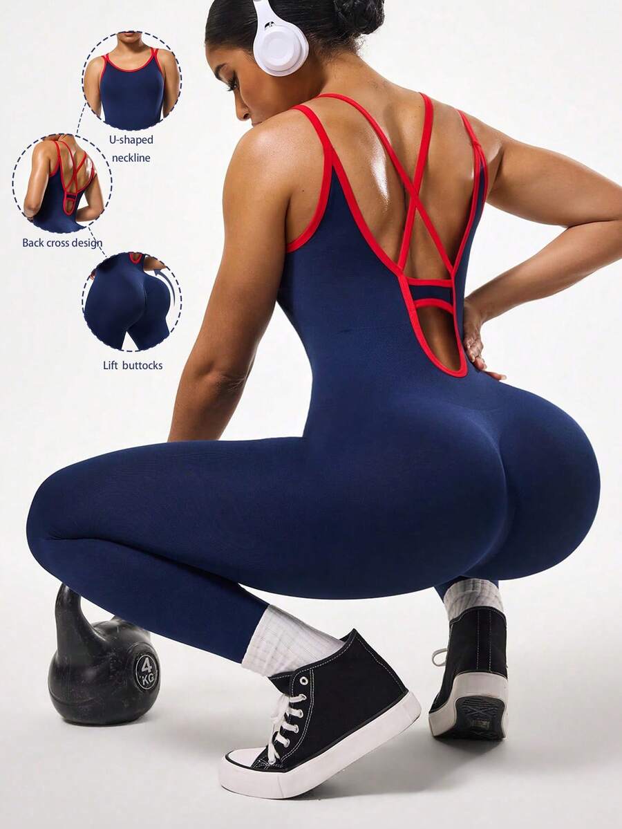 Seamluxe SHEIN Sport 女士无缝交叉露背运动连体裤，适合户外运动、健身、瑜伽、跑步等。这款连体裤采用交叉露背设计，一体式设计，兼具运动和健身功能。它是一款女士健身连体裤，露背设计，提臀塑形，适合全身运动。此外，它还是一款女士运动服，适合健身穿着。 - 彩色 - 查看 1