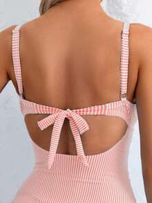 SHEIN Swim Áo tắm liền thân gợi cảm dành cho nữ, kẻ sọc, khoét eo phía trước, buộc dây phía sau, thích hợp cho mùa hè. - Nhiều màu - Xem 5
