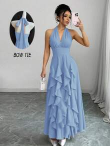 Rafferiza Women Light Blue Summer Elegant Dinner Multi-Layered Ruffled Long Dress,Boho Halter Wedding Guest Graduation Birthday Prom Evening Beach Sun Dress - Blue - View 5