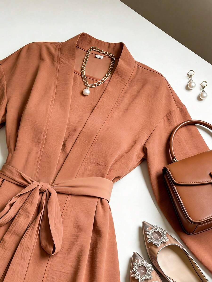 DAZY Damen eleganter einfarbiger ärmelloser Bademantel mit Gürtel, 2-teiliges Set, Frühlings-/Sommer-Loungewear für Frauen - Braun - Übersicht 1