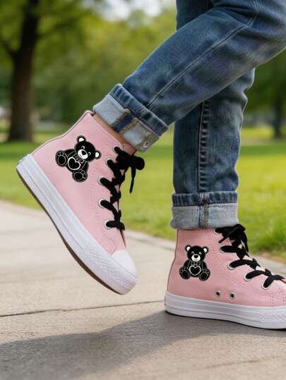 zapatillas de lona para niños y niñas lona color básico altos confort 100% dibujo de oso lona excelente calidad liso 13 al 21 mx colores básicos liga negro blanco