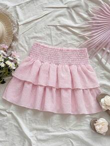 SHEIN 少女腰部收褶条纹A字裙，粉色和白色 - 粉色 - 查看 5