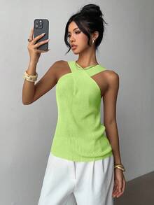 Elenzga Sweater Rajut Wanita Desain Unik Minimalis dengan Kerah Silang Kasual untuk Kembali ke Sekolah, Musim Semi/Gugur - Hijau - View 6