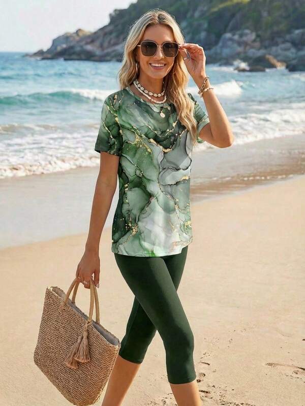 EMERY ROSE Women's Round Neck Short Sleeve Top And 7/8 Pants Casual Minimalist 2 Pieces Set, Suitable For Summer