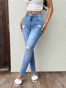 Sunnyshic Women's Pocket Button Distressed Casual Street Wear Versatile Daily Wear Jeans Back-To-School School Light Blue Summer - Blue - View 3