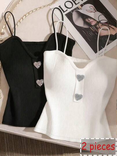 Resyla Women's Solid Color Rhinestone Decor Casual Versatile Daily Wear Camisole