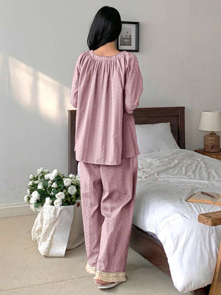 2pcs Sweet Polka Dot Textured Fabric Contrast Ruffle Trim Petal Sleeve Women Pajama Set, Spring