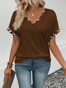 Selamara New Fashion Women's V-Neck T-Shirt With Leopard Print Trim - Coffee Brown - View 3