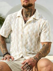 Manfinity CasualCool Men's Khaki Knit Checkered Hollow Out Short Sleeve Shirt - Khaki - View 6