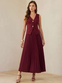 BELROSIE New Arrival Intellectual Elegant Commuter Style Thin Tweed Vest Top & Pleated Skirt 2-Piece Set For Women - Burgundy - View 4