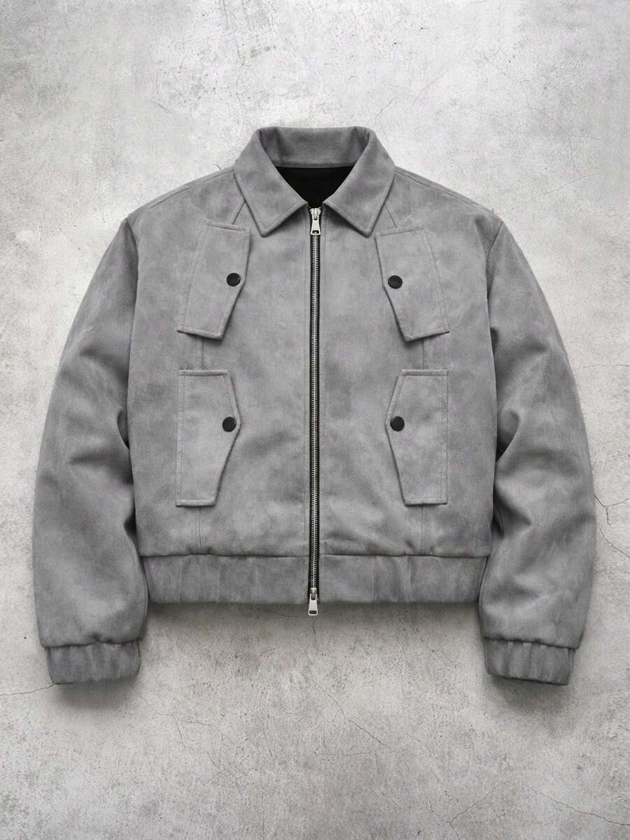 PAVTROS 男士麂皮绒抓绒夹克，舒适百搭面料，街头潮流风格 - 深灰色 - 查看 1