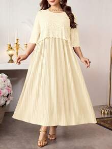 Vestido formal elegante de encaje con parches, cuello redondo, color borgoña para mujeres de talla - Albaricoque - Ver 5