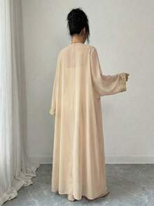 SHEIN Raffinéa 女士时尚雪纺开衫，金色花卉饰边，搭配优雅连体裤，两件套 - 杏色 - 查看 2