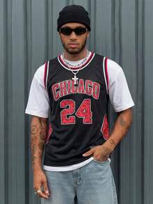 AXEPEAK 男士休闲豹纹字母数字图案背心，夏季 - 黑色 - 查看 1