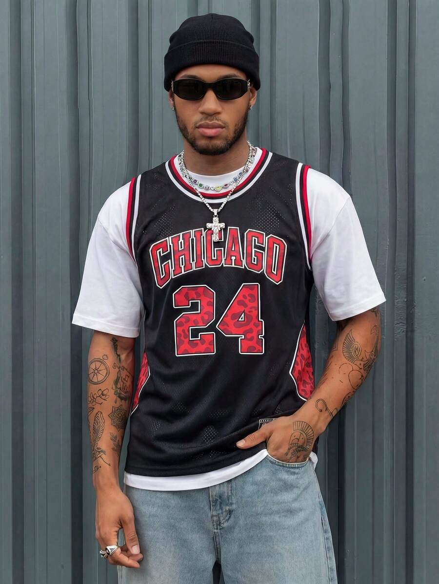 AXEPEAK 男士休闲豹纹字母数字图案背心，夏季 - 黑色 - 查看 1