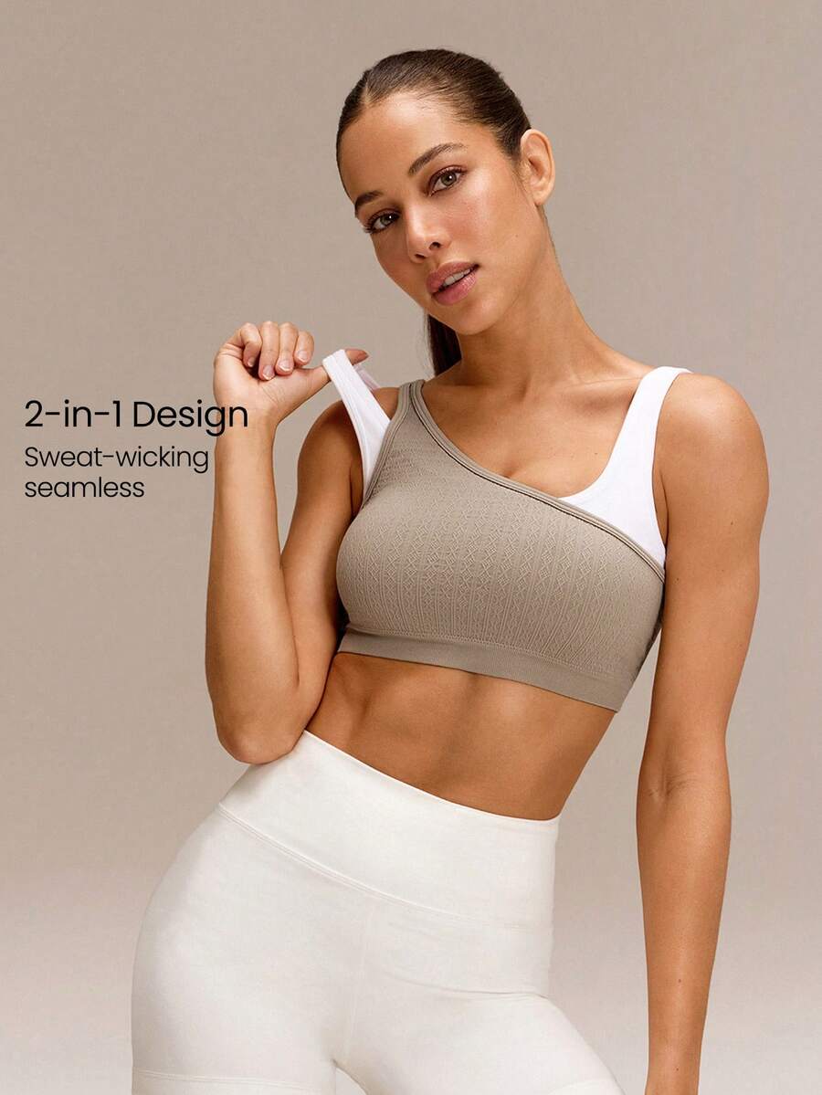 GLOWMODE Ultrafine Soft Seamless Chase Your Glow Mock 2-Piece Style Removable Cups Sports Bra Medium Impact Training Running Gym Workout Daily Active Wear - Khaki - View 1