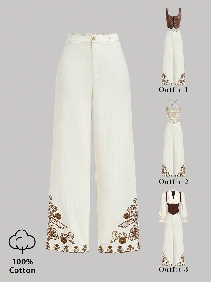 SHEIN MOD 女士米色度假风刺绣宽松阔腿裤 - 杏色 - 查看 1