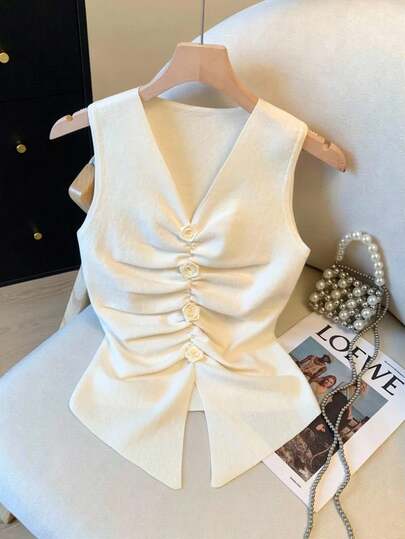 Resyla 女士3D立体花卉装饰褶皱V领吊带背心，春夏新品