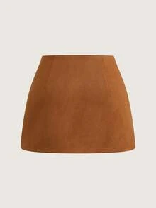 Olithes Women's Brown Autumn Elegant Tight Date Night High-Waisted Metal Buckle Decor Asymmetrical Hem A-Line Commuter Wrap Skirt Versatile Short Outfits - Brown - View 2