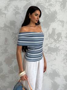 SHEIN PETITE Áo không tay ôm dáng, xếp ly, lệch vai, cổ bất đối xứng, kẻ sọc, thích hợp cho kỳ nghỉ hè của nữ. - Màu xanh lam - Xem 4