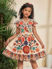 SHEIN Tween Girl Beige Summer Boho Holiday Tea Party Floral Print Flutter Sleeve V-Neck Maxi Dress,Kids Elegant Vintage Flower Sunday Beach Vacation Dress - Multicolor - View 9