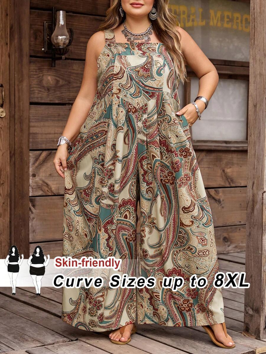 SHEIN CURVE+ Bộ áo liền quần ống rộng, dáng rộng, họa tiết thực vật, có túi, cỡ lớn, thích hợp cho mùa hè, phong cách nghỉ lễ/bohemian dành cho nữ. - Nhiều màu - Xem 1