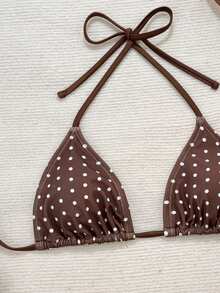 Swim Vcay New Women's Spaghetti Strap Black & White Polka Dot Sexy Bikini Top - Coffee Brown - View 5