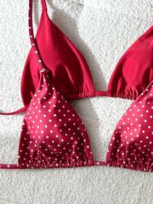 Swim Mod Bộ 4 món bikini chấm bi và đen trơn buộc dây bên hông, kiểu dáng cạp cao, thích hợp cho kỳ nghỉ biển của nữ. - Đỏ - Xem 5