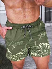 ZELFYO Pantalones cortos de playa casuales con cordón en la cintura y estampado de ballena para hombres - Verde Oliva - Ver 3
