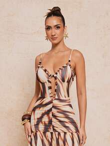 Lumalex 女士撞色镂空褶皱腰身优雅长吊带连衣裙，适合派对穿着 - 咖啡 - 查看 10