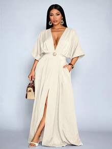 SOLERSUN 女士时尚优雅百搭深V领纯色短袖修身腰部褶皱金属装饰开衩大腿长裙，适合外出、度假和日常穿着，尽显低调奢华假期风情 - 杏色 - 查看 4
