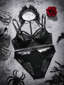 SHEIN 两件套黑色蕾丝拼接性感内衣套装 - 黑色 - 查看 6