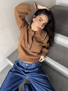 Marta Soriano 女式休闲宽松 Polo 领落肩长袖毛衣，秋冬 - 咖啡棕 - 查看 5