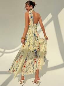 SHEIN Raffinéa Đầm nữ dáng lửng thời trang, phối màu độc đáo, cổ áo xếp nếp, chất liệu chiffon, thiết kế hở lưng cổ chữ V sâu, gợi cảm và thanh lịch. - Màu vàng - Xem 2