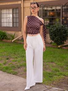 Andrea Bello Women's Summer Vacation Polka Dot Print Slim Fit Asymmetrical Shoulder Top - Coffee Brown - View 4